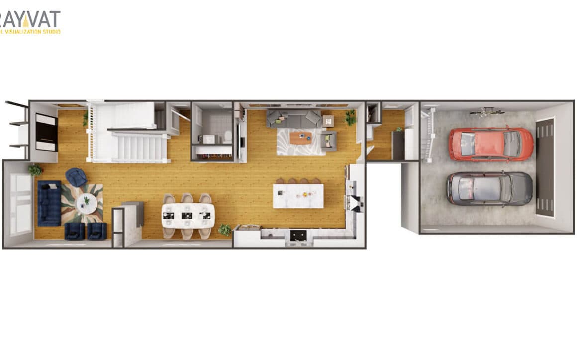 3D FLOOR PLAN OF FIRST LEVEL – CONTEMPORARY HOUSE, NEW ORLEANS