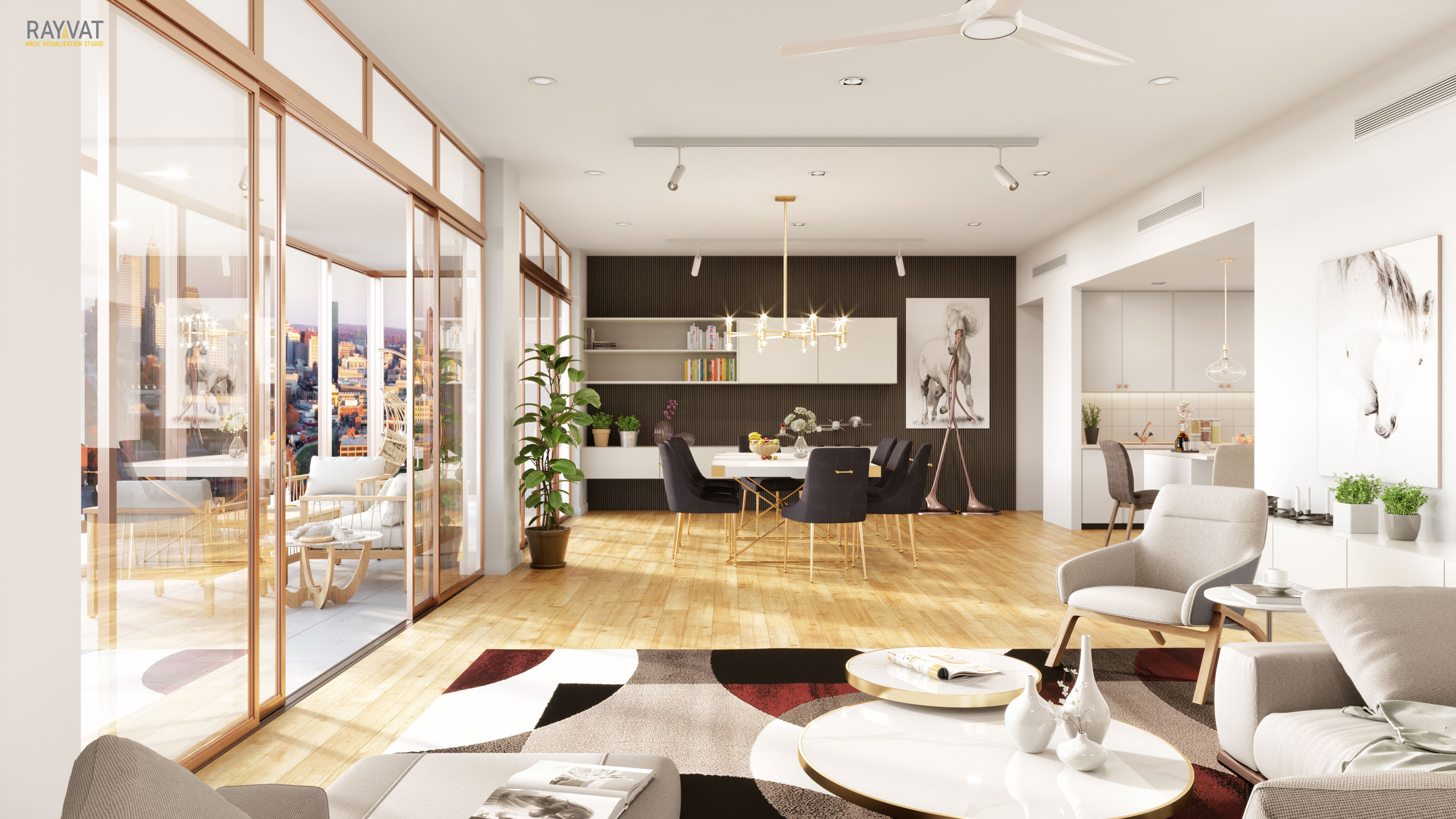 3D Daylight Render of Living cum Kitchen, Melbourne, Australia