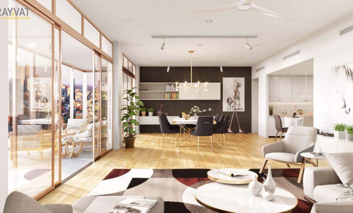 ‘STYLISH AND LUXURIOUS’ – 3D RENDER OF LIVING CUM KITCHEN, MELBOURNE, AUSTRALIA