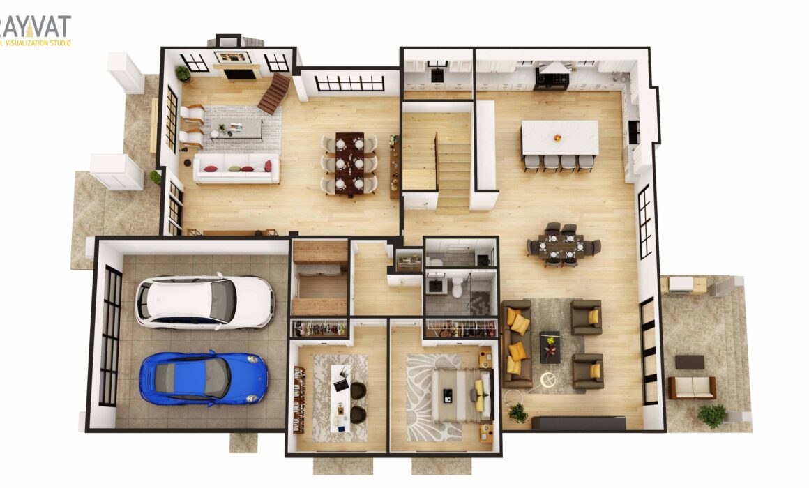 3D FIRST LEVEL FLOOR PLAN, CONTEMPORARY HOUSE – NEW JERSEY