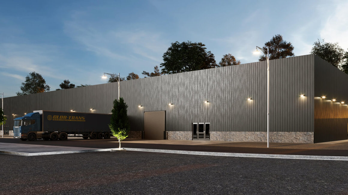 ‘CLEAN LINES A MODERN DEPOT WITH UNDERLINE GEOMETRY’ – 3D EXTERIOR RENDERING OF A WAREHOUSE, FLORIDA