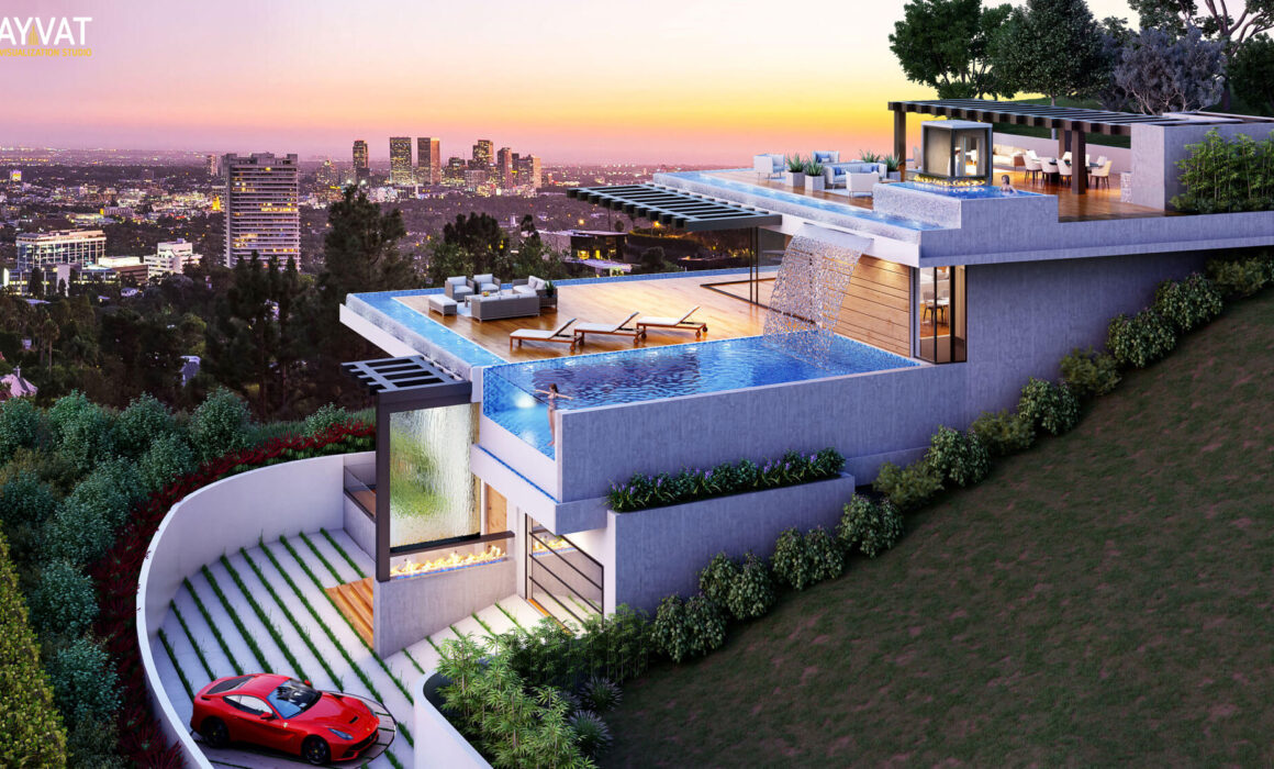 3D AERIAL VIEW OF HOUSE AT DOHENY DRIVE – LOS ANGELES, CA