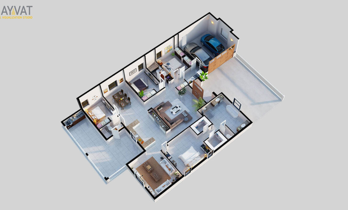 3D FLOOR PLAN OF 3 BEDROOM APARTMENT – NEWARK, NEW JERSEY