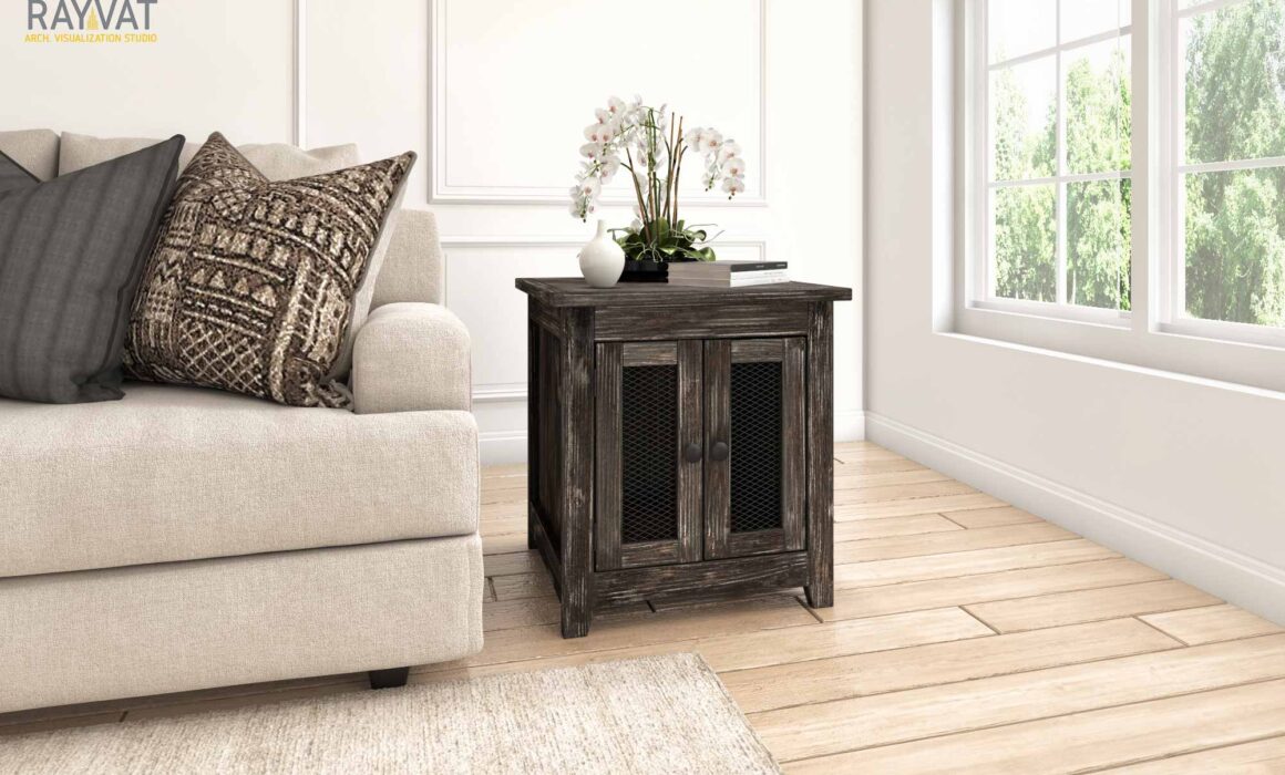 3D VIGNETTE RENDERING OF LIVING ROOM FURNITURE – MESH END TABLE