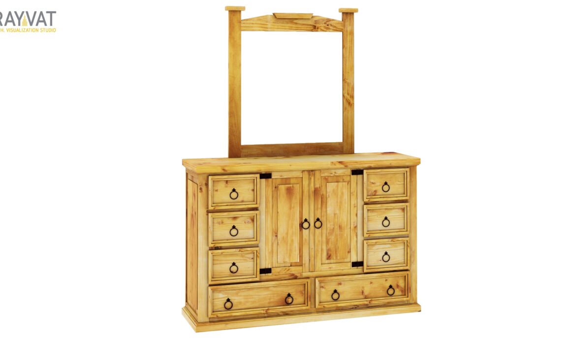 3D BEDROOM FURNITURE RENDERING – RUSTIC DRESSER WITH MIRROR