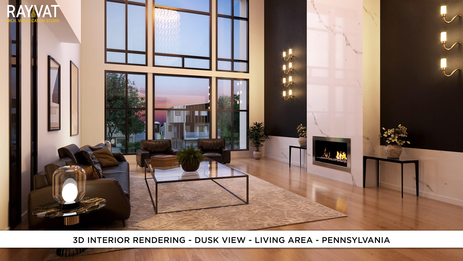 3D Interior Rendering Dusk View Living Area Pennsylvania