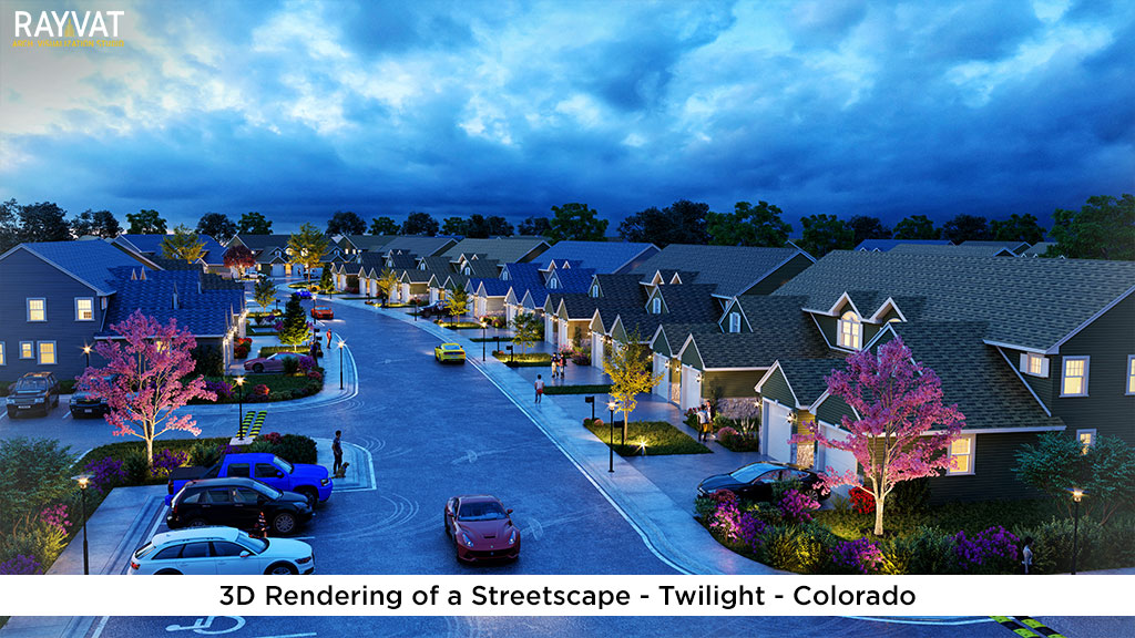 3D Rendering of a Streetscape Twilight Colorado