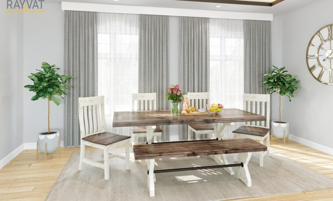 3D FURNITURE RENDERING FOR MODERN FARMHOUSE STYLE HOUSE – RUSTIC DINING TABLE & CHAIR WITH BENCH