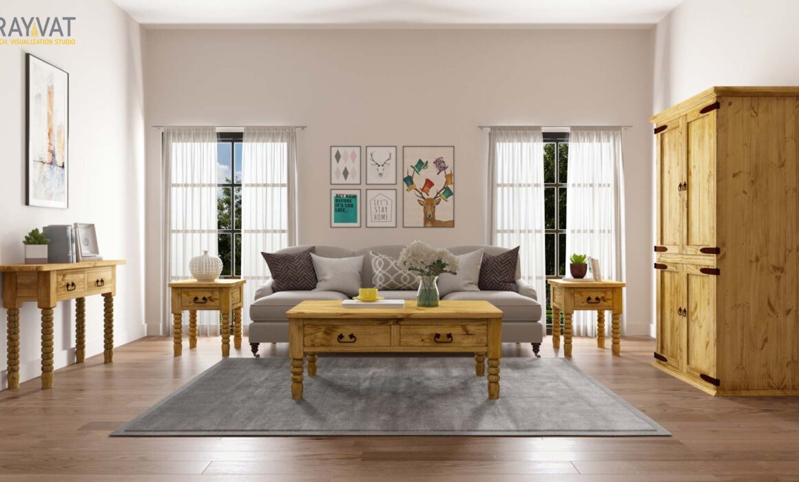 ‘CHARMING FARMHOUSE AMBIANCE’ – 3D INTERIOR RENDERING OF A FARMHOUSE STYLE LIVING ROOM, TEXAS