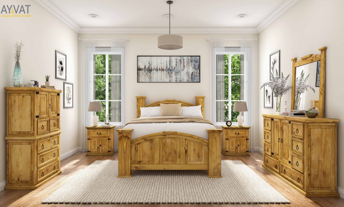 3D FARMHOUSE STYLE FURNITURE RENDERING – RUSTIC DALLAS BEDROOM ELEMENTS SET