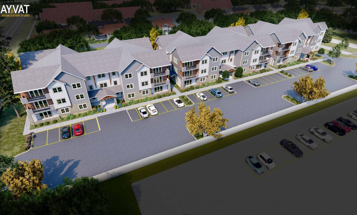 3D AERIAL VIEW RENDERING OF A TOWNHOUSE – BOZEMAN, MONTANA