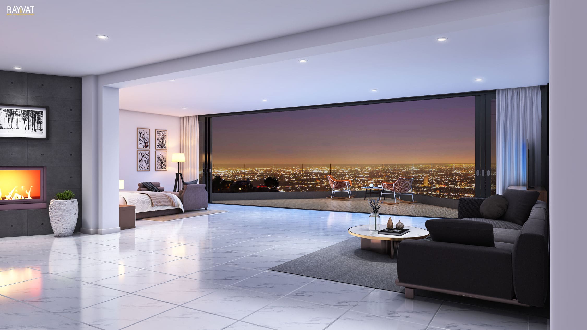 Beautiful City Night View from Bedroom, 3D Interior, Los Angeles, CA