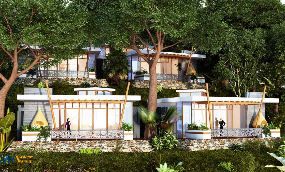 ‘UNISON BETWEEN NATURAL GREENS AND BUILT MASS’ – 3D EXTERIOR RENDERING OF FORESTAL ROOMS, COSTA RICA