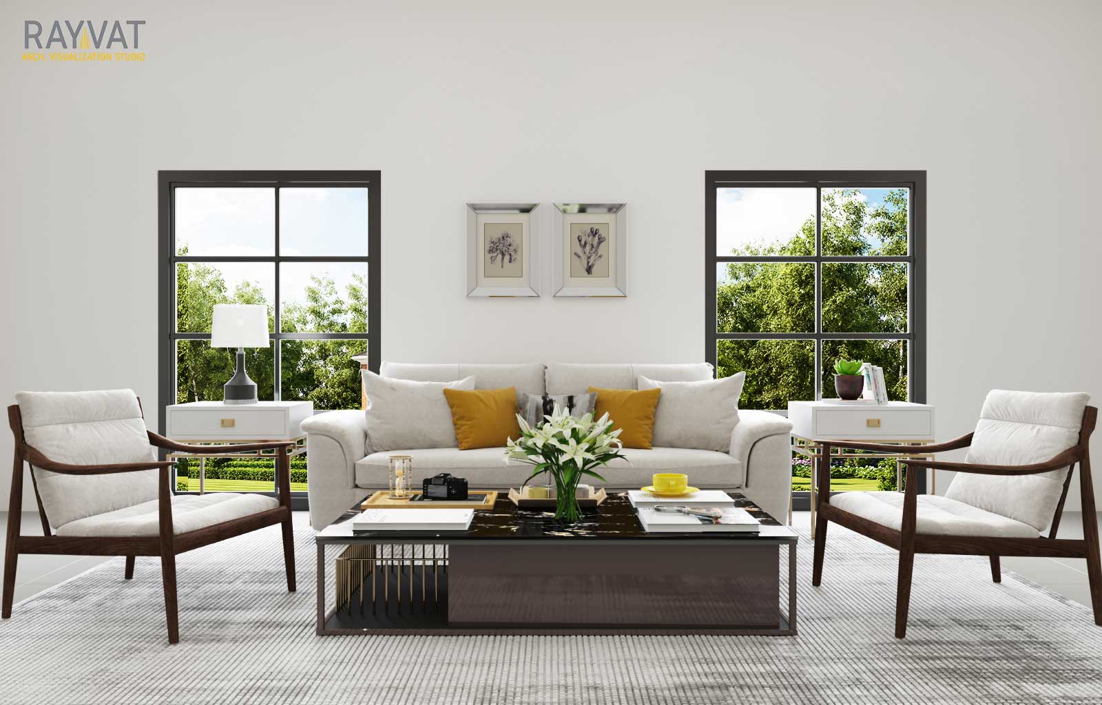  'SYMPHONIES IN WHITE' - 3D INTERIOR RENDERING OF A MODERN LIVING ROOM, FLORIDA 