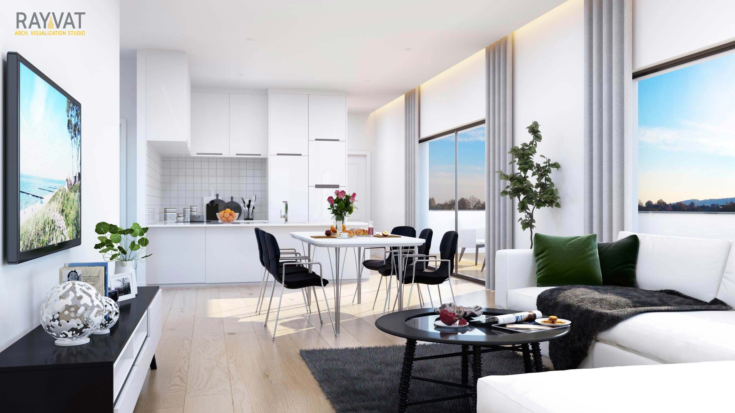 ‘'FUNCTIONAL LIVING AND KITCHEN SPACE' - 3D STILL RENDER OF MODERN STYLE KITCHEN, SWITZERLAND