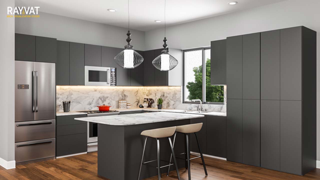 ‘ 'GORGEOUS IN GREY' - 3D RENDERING OF A MODERN KITCHEN, CALIFORNIA